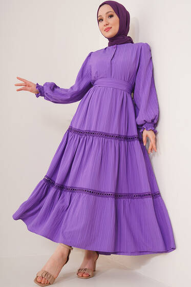 Kolları Dantel İşlemeli Keten Elbise Mor - Tesettür Elbise