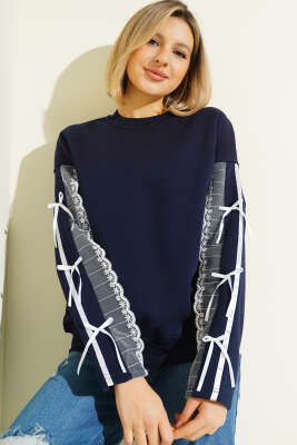 Kolları Dantelli Fiyonklu Sweatshirt Lacivert - Kadın Giyim Modelleri