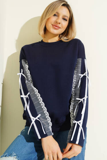 Kolları Dantelli Fiyonklu Sweatshirt Lacivert - Kadın Giyim Modelleri