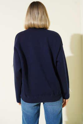 Kolları Dantelli Fiyonklu Sweatshirt Lacivert - Kadın Giyim Modelleri