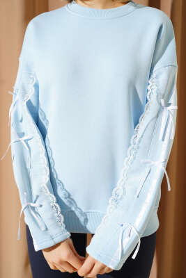 Kolları Dantelli Fiyonklu Sweatshirt Mavi - Kadın Giyim Modelleri