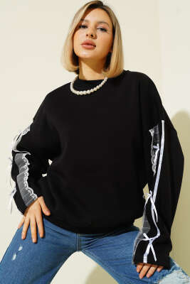 Kolları Dantelli Fiyonklu Sweatshirt Siyah 