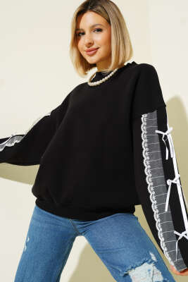 Kolları Dantelli Fiyonklu Sweatshirt Siyah - Kadın Giyim Modelleri