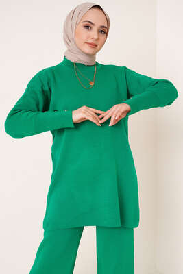 Kolları Düğme Süslemeli Triko Takım Yeşil - Thumbnail