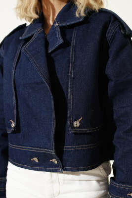 Kolları Düğmeli Crop Kot Lacivert - Kadın Giyim Modelleri