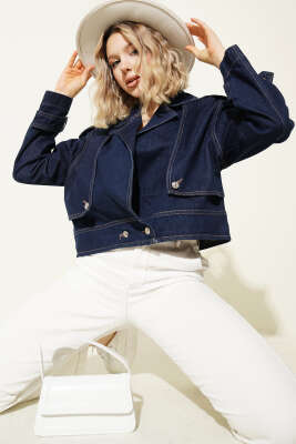 Kolları Düğmeli Crop Kot Lacivert - LEVURE