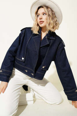 Kolları Düğmeli Crop Kot Lacivert - Kadın Giyim Modelleri