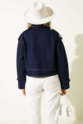 Kolları Düğmeli Crop Kot Lacivert - Kadın Giyim Modelleri