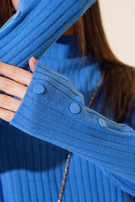 Kolları Düğmeli İkili Triko Takım Mavi - Thumbnail