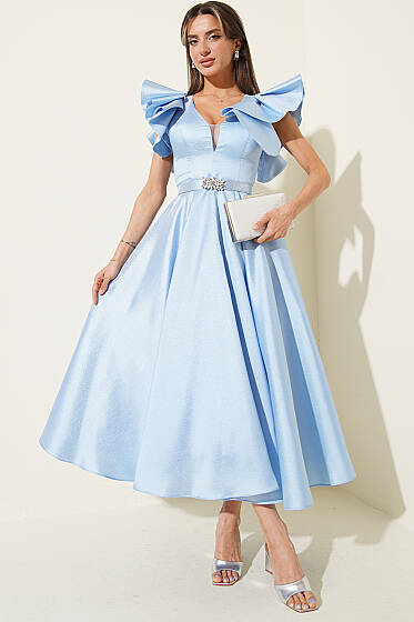 Kolları Fırfır Detaylı Abiye Elbise Bebe Mavi - Kadın Giyim Modelleri