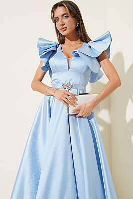 Kolları Fırfır Detaylı Abiye Elbise Bebe Mavi - Kadın Giyim Modelleri