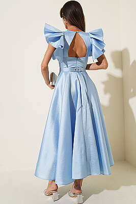 Kolları Fırfır Detaylı Abiye Elbise Bebe Mavi - Kadın Giyim Modelleri