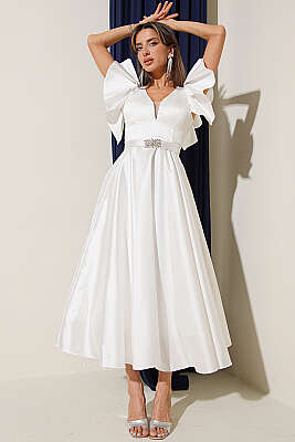 Kolları Fırfır Detaylı Abiye Elbise Ekru - DANS LİFE