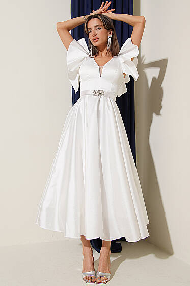 Kolları Fırfır Detaylı Abiye Elbise Ekru - Kadın Giyim Modelleri