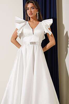 Kolları Fırfır Detaylı Abiye Elbise Ekru - Kadın Giyim Modelleri