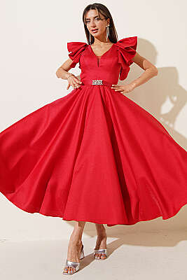 Kolları Fırfır Detaylı Abiye Elbise Kırmızı - DANS LİFE