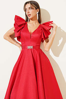 Kolları Fırfır Detaylı Abiye Elbise Kırmızı - Kadın Giyim Modelleri