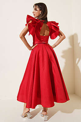 Kolları Fırfır Detaylı Abiye Elbise Kırmızı - Kadın Giyim Modelleri