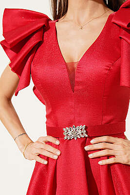 Kolları Fırfır Detaylı Abiye Elbise Kırmızı - Kadın Giyim Modelleri