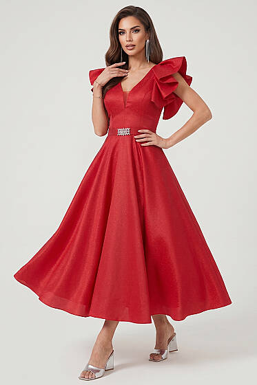 Kolları Fırfır Detaylı Abiye Elbise Kırmızı - Kadın Giyim Modelleri