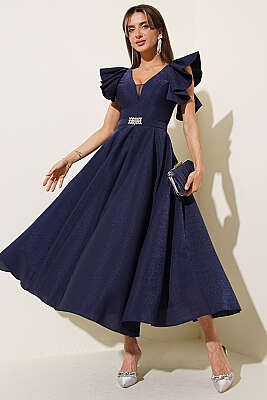 Kolları Fırfır Detaylı Abiye Elbise Lacivert - Kadın Giyim Modelleri