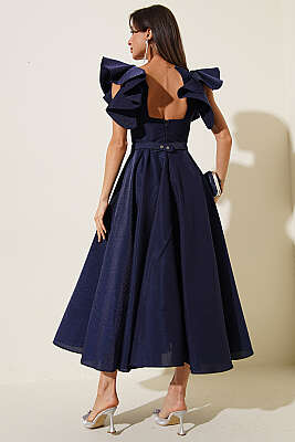 Kolları Fırfır Detaylı Abiye Elbise Lacivert - Kadın Giyim Modelleri