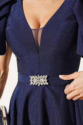 Kolları Fırfır Detaylı Abiye Elbise Lacivert - Kadın Giyim Modelleri