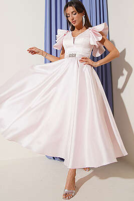 Kolları Fırfır Detaylı Abiye Elbise Pudra - DANS LİFE