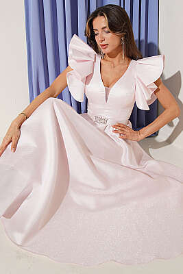 Kolları Fırfır Detaylı Abiye Elbise Pudra - Kadın Giyim Modelleri