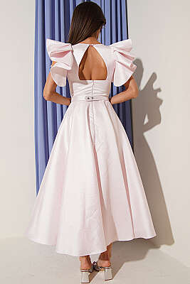 Kolları Fırfır Detaylı Abiye Elbise Pudra - Kadın Giyim Modelleri