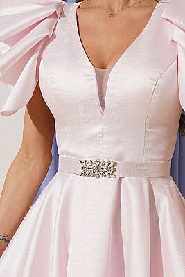 Kolları Fırfır Detaylı Abiye Elbise Pudra - Kadın Giyim Modelleri