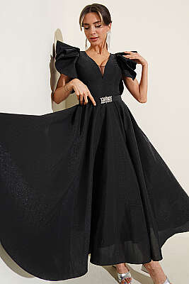 Kolları Fırfır Detaylı Abiye Elbise Siyah - DANS LİFE