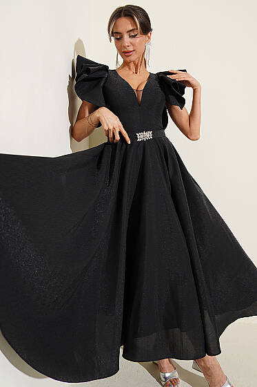 Kolları Fırfır Detaylı Abiye Elbise Siyah - Kadın Giyim Modelleri