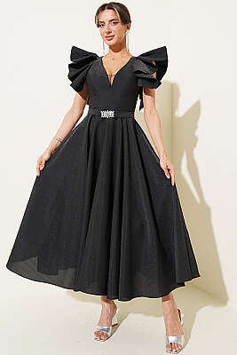 Kolları Fırfır Detaylı Abiye Elbise Siyah - Kadın Giyim Modelleri