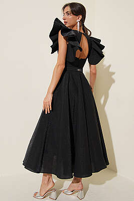 Kolları Fırfır Detaylı Abiye Elbise Siyah - Kadın Giyim Modelleri