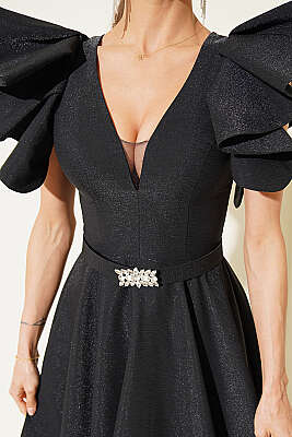 Kolları Fırfır Detaylı Abiye Elbise Siyah - Kadın Giyim Modelleri