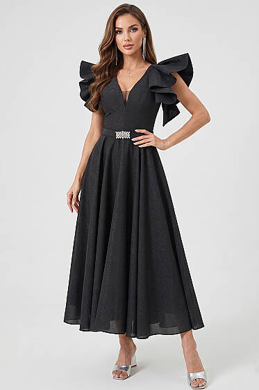 Kolları Fırfır Detaylı Abiye Elbise Siyah - Kadın Giyim Modelleri