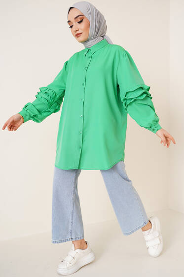 Kolları Fırfır Detaylı Gömlek Yeşil - Gömlek
