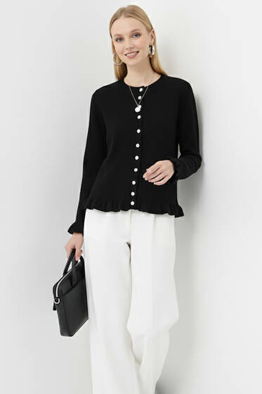 Kolları Fırfır Detaylı Triko Hırka Siyah - Kadın Giyim Modelleri