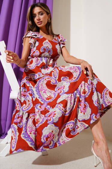 Kolları Fırfırlı Desenli Elbise Kiremit - Kadın Giyim Modelleri