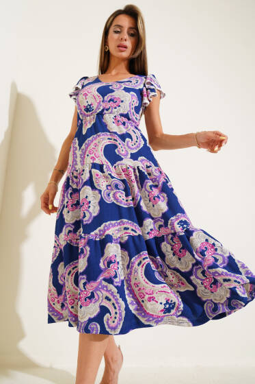 Kolları Fırfırlı Desenli Elbise Lacivert - Kadın Giyim Modelleri