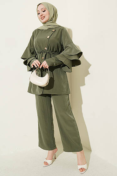 Kolları Fırfırlı Düğmeli İkili Takım Haki - İkili Takım