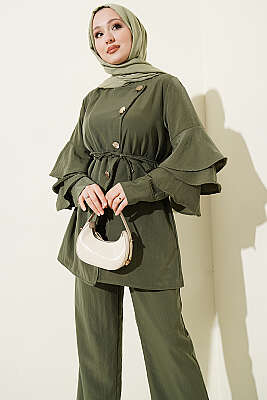 Kolları Fırfırlı Düğmeli İkili Takım Haki - İkili Takım