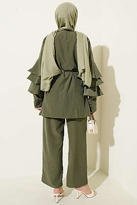 Kolları Fırfırlı Düğmeli İkili Takım Haki - İkili Takım