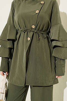 Kolları Fırfırlı Düğmeli İkili Takım Haki - İkili Takım