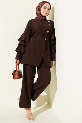 Kolları Fırfırlı Düğmeli İkili Takım Kahve - TABLO FASHİON