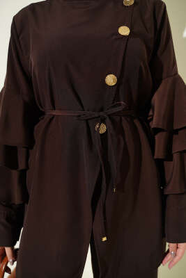 Kolları Fırfırlı Düğmeli İkili Takım Kahve - İkili Takım