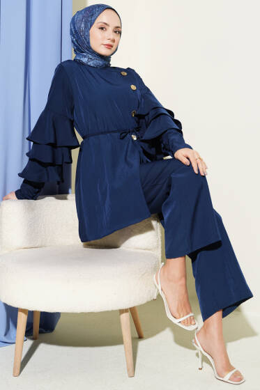 Kolları Fırfırlı Düğmeli İkili Takım Lacivert - İkili Takım