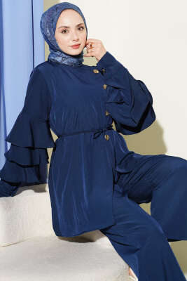 Kolları Fırfırlı Düğmeli İkili Takım Lacivert - İkili Takım