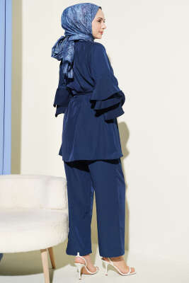 Kolları Fırfırlı Düğmeli İkili Takım Lacivert - İkili Takım